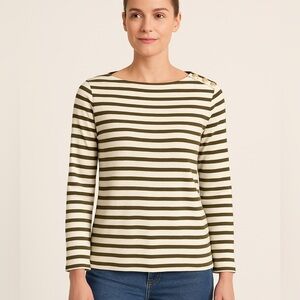 LOFT Striped Button Shoulder Sweater S Green & White Nautical Long Sleeve Top